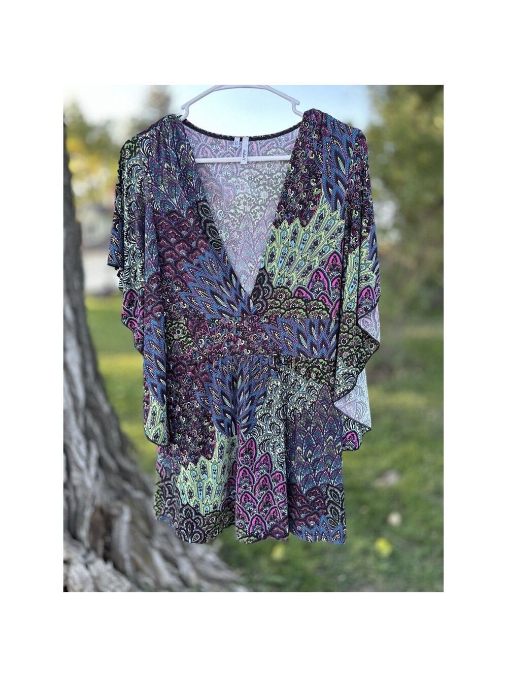 Studio Y Peacock Paisley Multicolor Tunic Top Womens Small V-Neck Kimono Sleeves